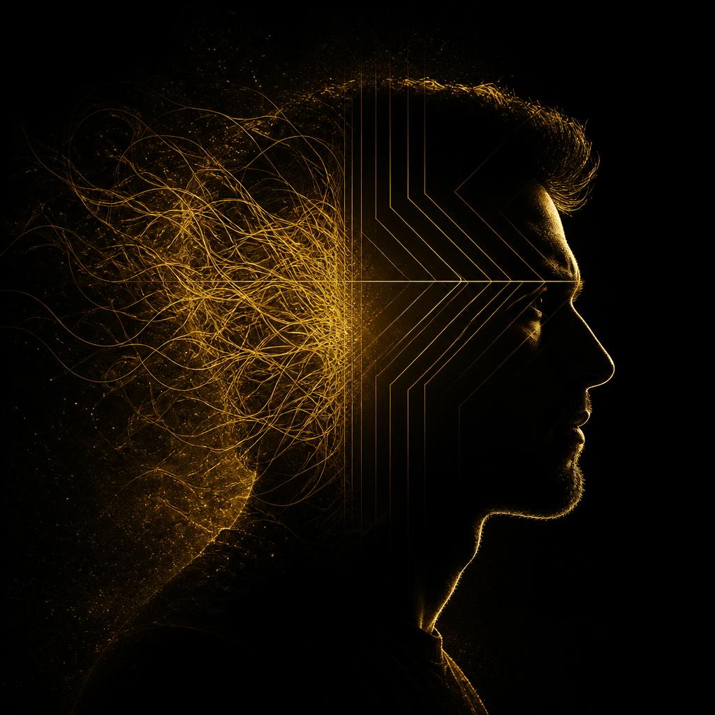 Golden profile silhouette where tangled lines resolve into ordered geometry, representing the shift from mental noise to clarity and identity